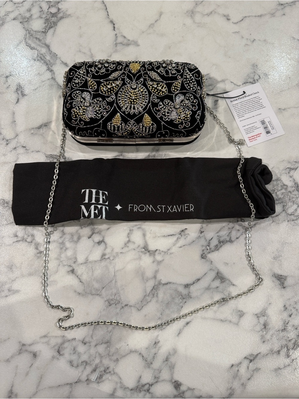 The Met from St Xavier Black Beaded British Floral Clutch